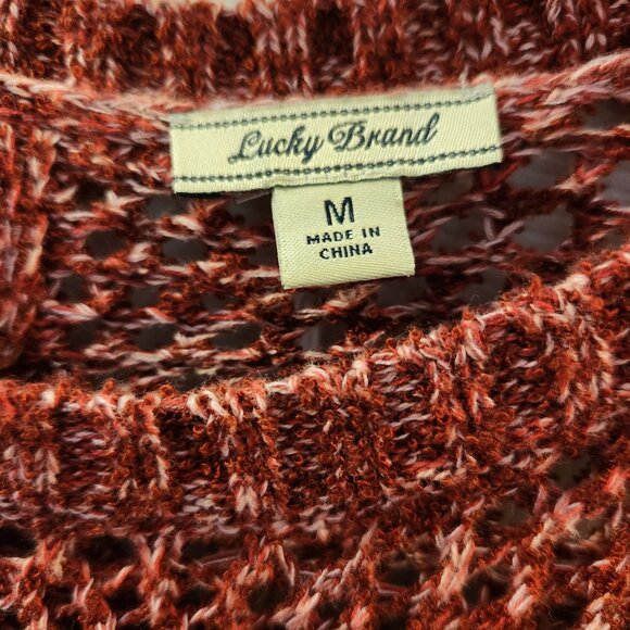 Lucky Brand Open Crochet Knit Maroon Sweater Women's Size Medium Tunic Split Bac - Picture 6 of 9